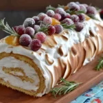 Ginger Bread Yule Log Cake with toasted meringue, sugared cranberries, and rosemary on a wooden board.