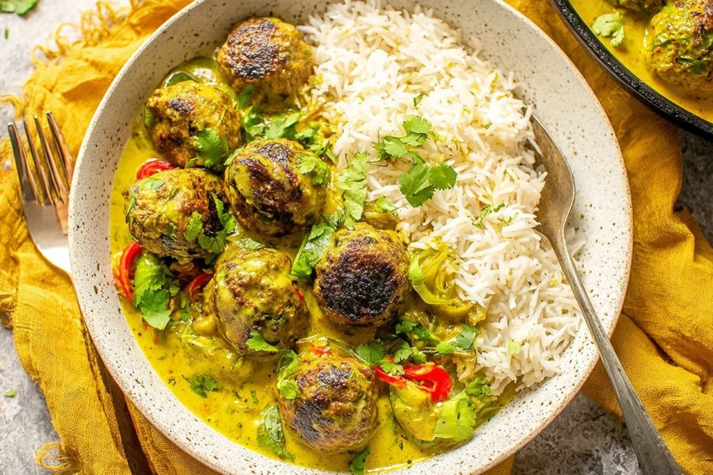 Jerk Meatballs In Coconut Curry Sauce served over fluffy basmati rice, topped with fresh cilantro and sliced peppers in a creamy golden curry.