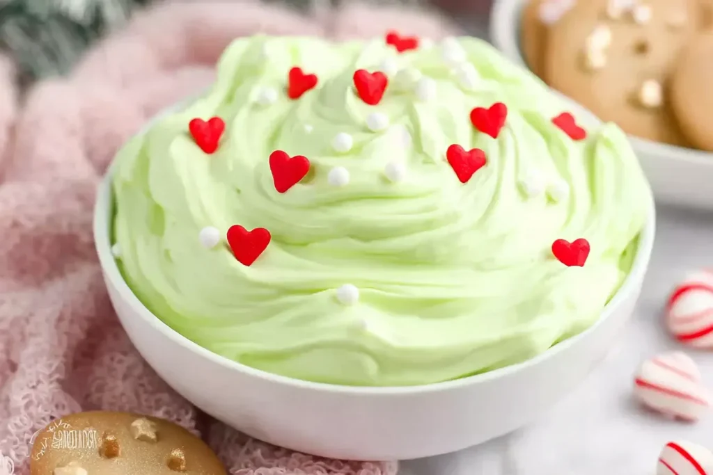 Creamy Grinch Dip topped with red heart sprinkles in a white bowl, a festive no-bake Christmas dessert perfect for holiday parties