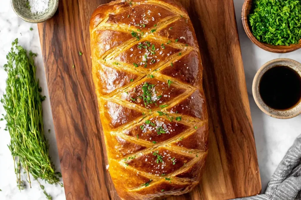 Whole Beef Wellington wrapped in golden puff pastry with a diamond pattern crust on a wooden board.