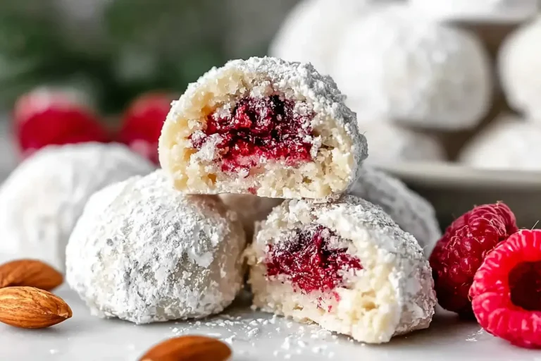 Raspberry Almond Snowball Cookies filled with raspberry jam and dusted with powdered sugar