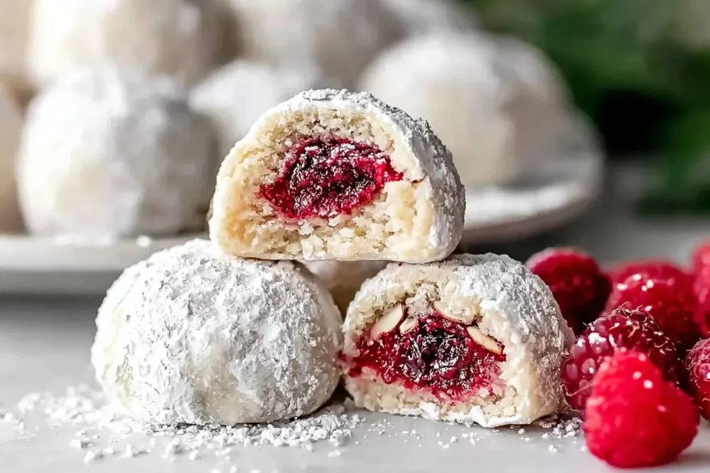 Raspberry Almond Snowball Cookies coated in powdered sugar with a raspberry jam center and fresh raspberries beside them