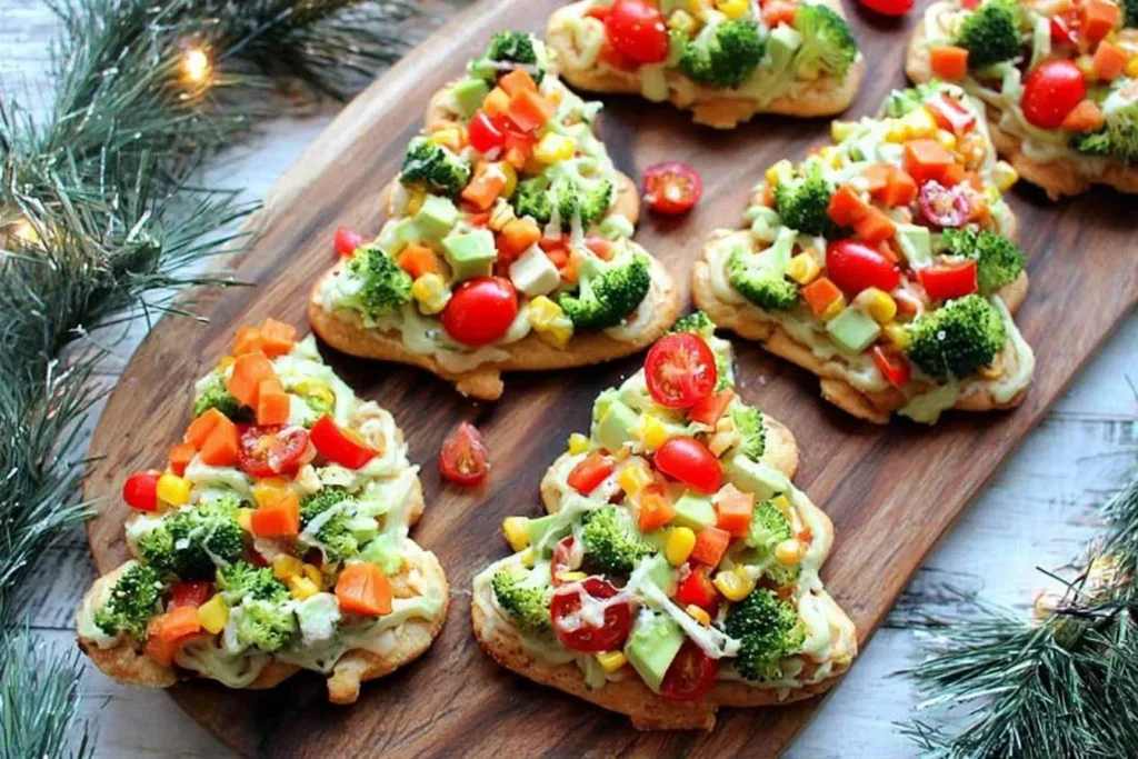 Christmas Tree Cold Veggie Pizza topped with hummus, broccoli, tomatoes, corn, and carrots, arranged on a wooden board for a festive holiday appetizer.