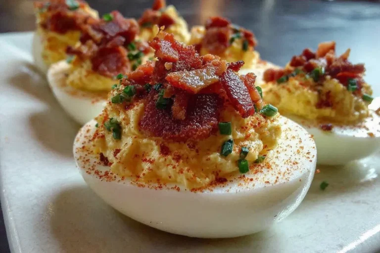 Million Dollar Bacon Deviled Eggs topped with crispy bacon, smoked paprika, and chives on a white serving plate.