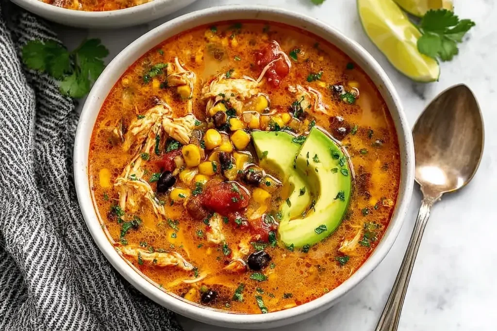 A cozy bowl of Chicken Taco Soup topped with shredded chicken, black beans, corn, fresh avocado slices, and herbs in a rich, flavorful broth.