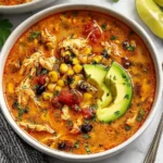 A cozy bowl of Chicken Taco Soup topped with shredded chicken, black beans, corn, fresh avocado slices, and herbs in a rich, flavorful broth.