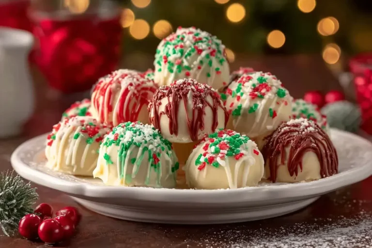 A plate stacked with festive No Bake Christmas Cheesecake Bites decorated with red and green sprinkles and drizzled chocolate, set against warm holiday lights.