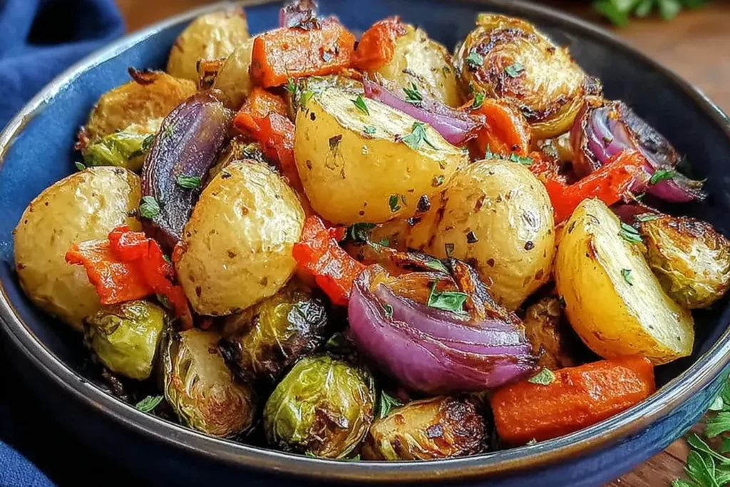 Maple Dijon Roasted Vegetables with caramelized baby potatoes, Brussels sprouts, carrots, and red onion in a golden maple Dijon glaze