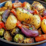 Maple Dijon Roasted Vegetables with caramelized baby potatoes, Brussels sprouts, carrots, and red onion in a golden maple Dijon glaze