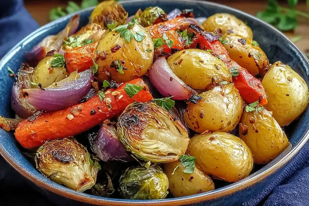 Maple Dijon Roasted Vegetables with golden potatoes, Brussels sprouts, carrots, red onion, and herbs roasted until caramelized