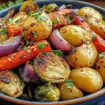 Maple Dijon Roasted Vegetables with golden potatoes, Brussels sprouts, carrots, red onion, and herbs roasted until caramelized