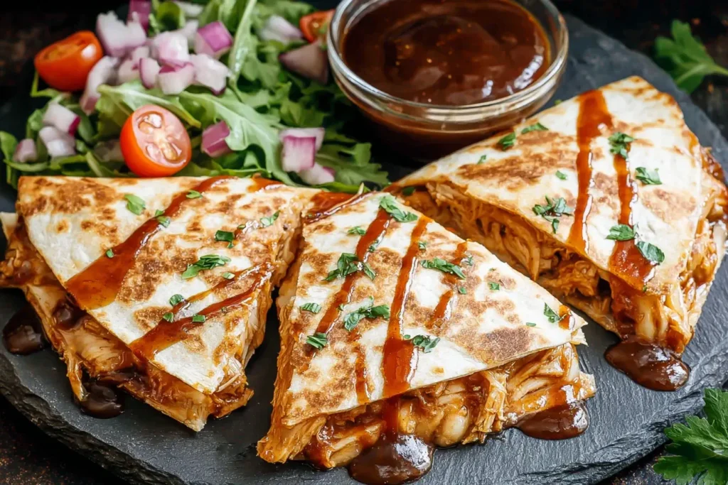 BBQ Chicken Quesadillas with crispy tortillas, melted cheese, and barbecue drizzle served with fresh salad