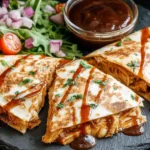 BBQ Chicken Quesadillas with crispy tortillas, melted cheese, and barbecue drizzle served with fresh salad