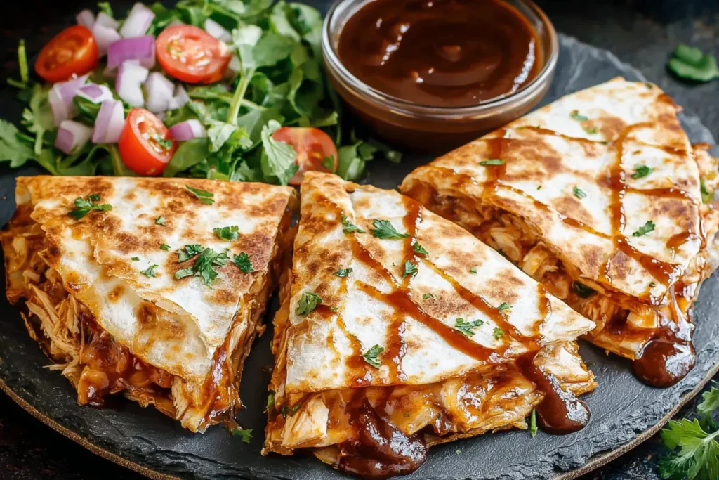BBQ Chicken Quesadillas with melted cheese, crispy tortillas, and barbecue drizzle served with fresh salad