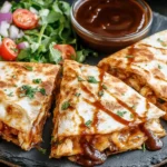 BBQ Chicken Quesadillas with melted cheese, crispy tortillas, and barbecue drizzle served with fresh salad