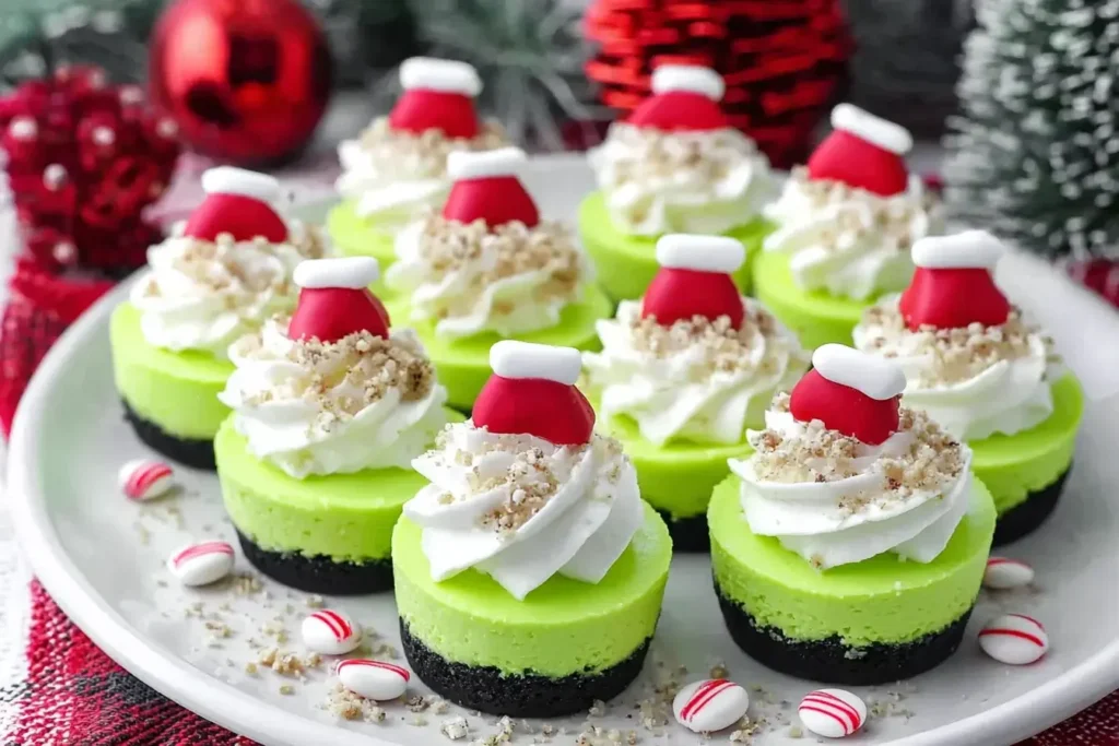Grinch Mini Cheesecakes topped with whipped cream, crushed cookies, and festive red Santa hat candies on a holiday dessert plate.
