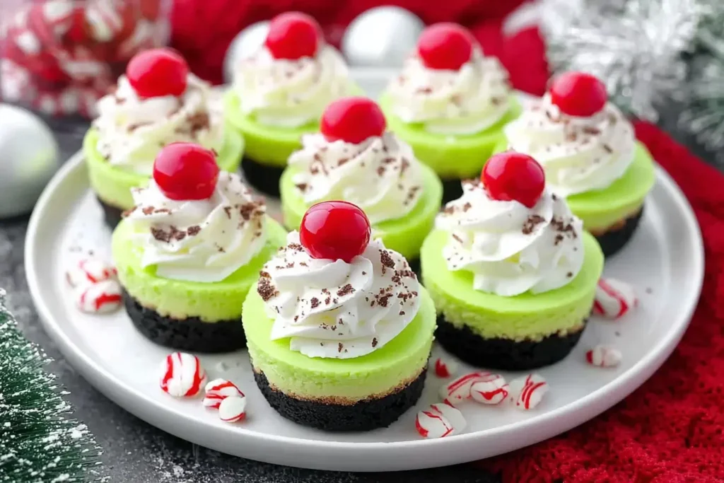 Grinch Mini Cheesecakes with whipped cream, chocolate crumbs, and bright red cherries displayed on a holiday dessert platter.