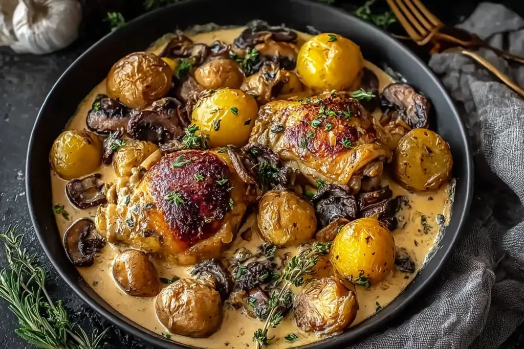 Skillet of Chicken in Creamy White Sauce with Mushroom and roasted baby potatoes, garnished with fresh herbs.
