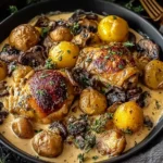 Skillet of Chicken in Creamy White Sauce with Mushroom and roasted baby potatoes, garnished with fresh herbs.