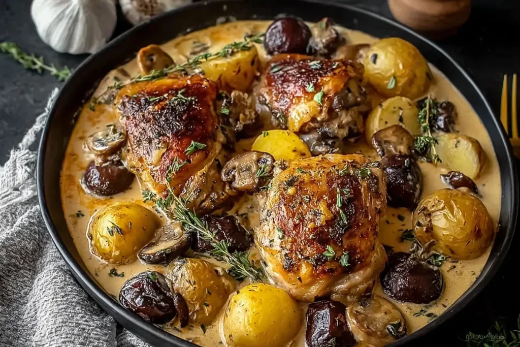 Herb roasted Chicken in Creamy White Sauce with Mushroom and baby potatoes in a skillet, topped with fresh thyme.