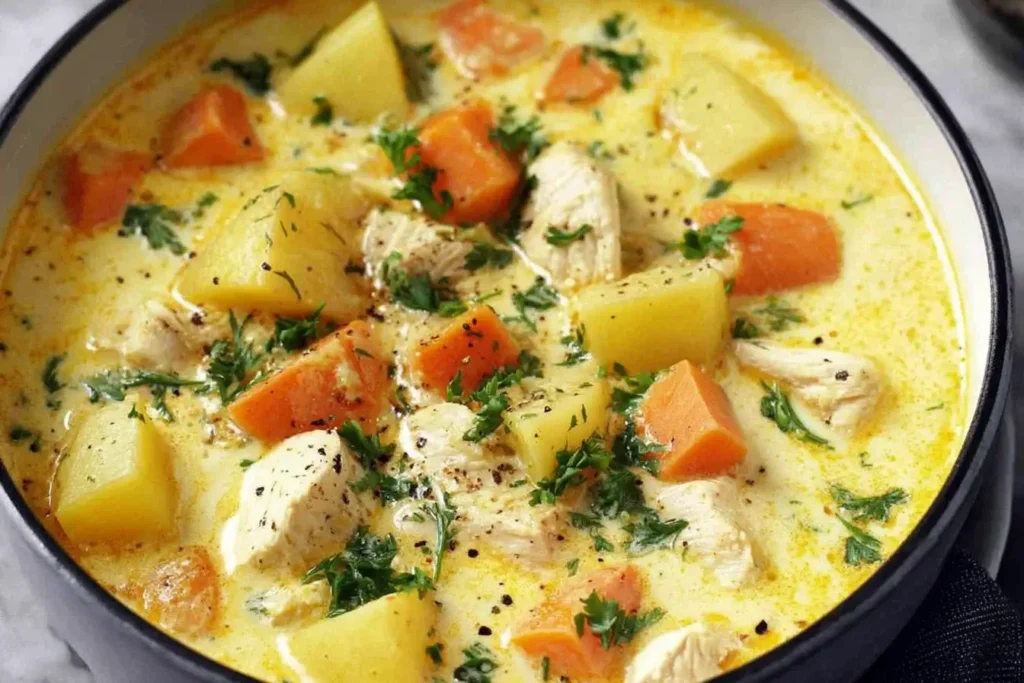Creamy Chicken Soup with Potatoes simmered with carrots, herbs, and tender chicken chunks in a rich broth