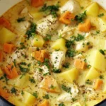 Hearty Chicken Soup with Potatoes simmering with carrots, herbs, and tender chicken in a creamy broth