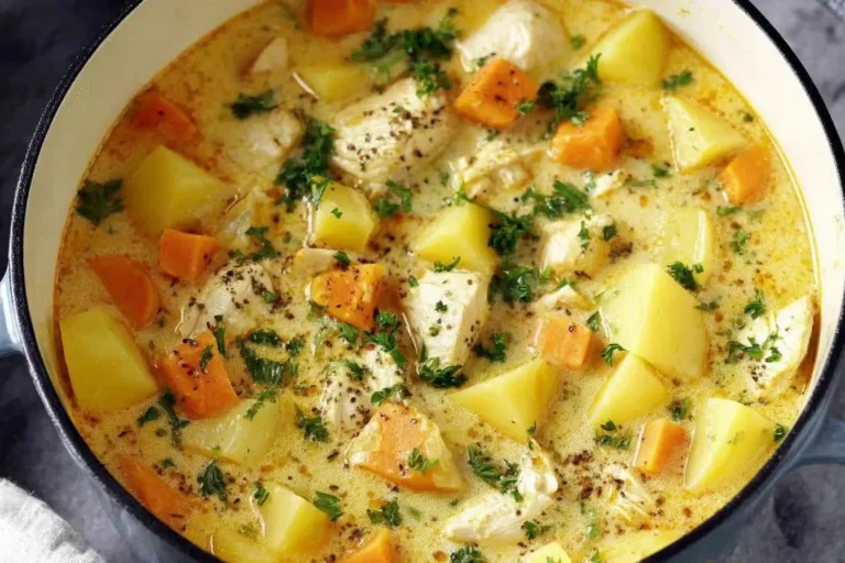 Hearty Chicken Soup with Potatoes simmering with carrots, herbs, and tender chicken in a creamy broth