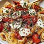 Roasted Tomato and Garlic Ricotta Pasta with rigatoni, jammy roasted cherry tomatoes, creamy ricotta dollops, herbs, and cracked black pepper in a white bowl.