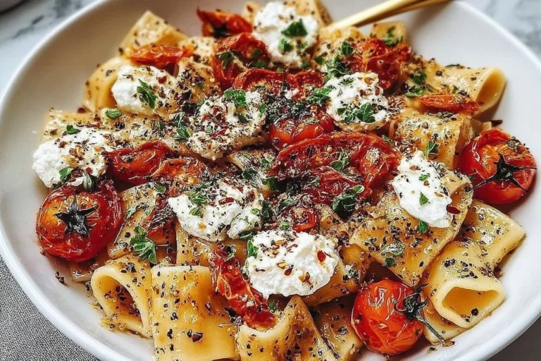 Roasted Tomato and Garlic Ricotta Pasta with rigatoni, jammy roasted cherry tomatoes, creamy ricotta dollops, herbs, and cracked black pepper in a white bowl.