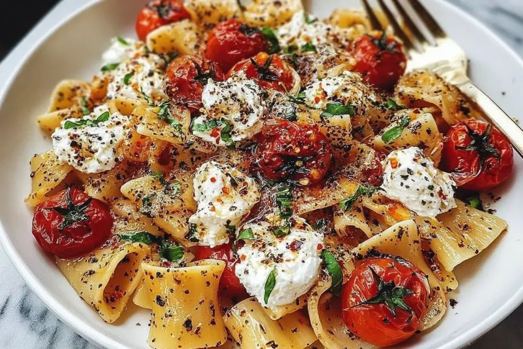 Roasted Tomato and Garlic Ricotta Pasta with ribbon-style pasta, blistered cherry tomatoes, creamy ricotta dollops, fresh basil, and cracked black pepper in a white bowl.