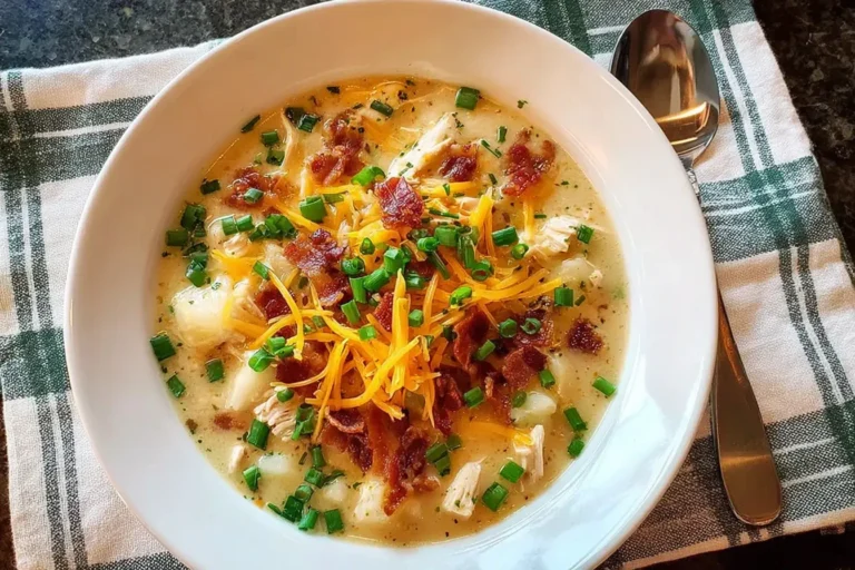 Million Dollar Soup Velvet served in a white bowl topped with shredded cheddar cheese, crispy bacon bits, fresh chives, and tender chicken in a creamy broth