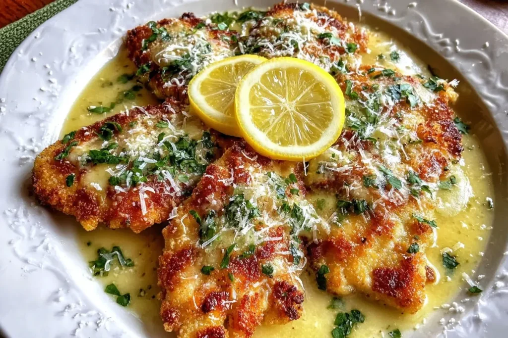 Close-up of crispy Lemon Chicken Romano topped with Romano cheese, parsley, and lemon slices in a rich lemon butter sauce.