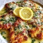 Close-up of crispy Lemon Chicken Romano topped with Romano cheese, parsley, and lemon slices in a rich lemon butter sauce.