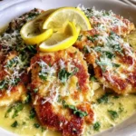 Golden crispy Lemon Chicken Romano topped with fresh parsley and Romano cheese, served in a bright lemon butter sauce with sliced lemons.