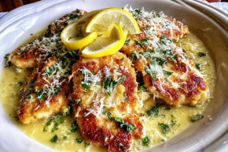 Golden crispy Lemon Chicken Romano topped with fresh parsley and Romano cheese, served in a bright lemon butter sauce with sliced lemons.