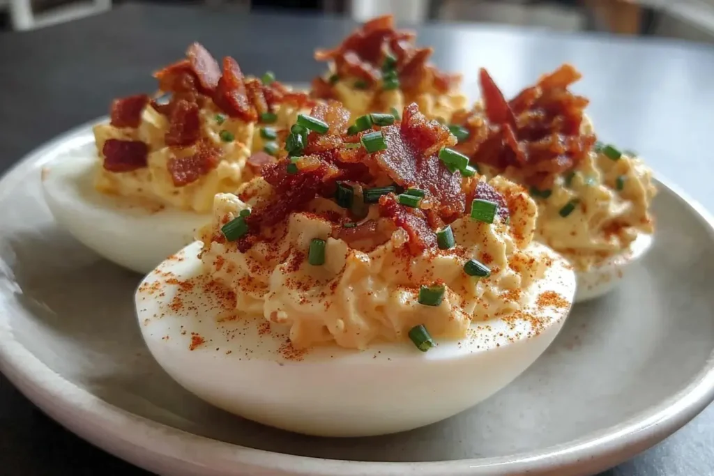 Million Dollar Bacon Deviled Eggs topped with crispy bacon pieces, smoked paprika, and fresh chives on a ceramic plate.