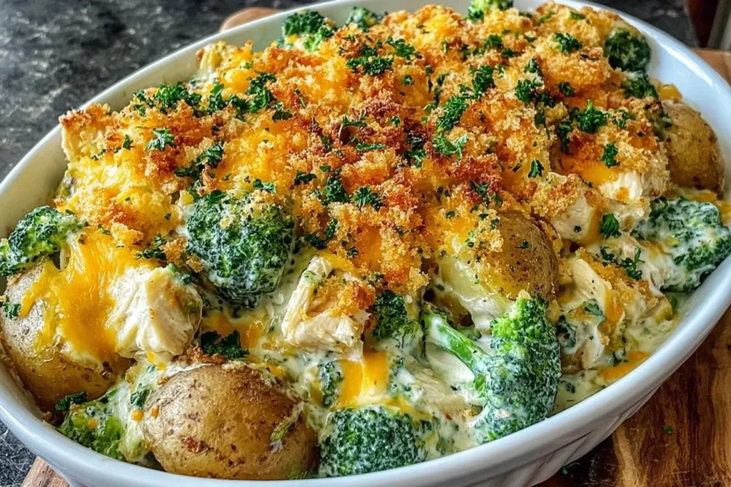 Baked Potato Chicken and Broccoli Casserole with creamy cheese sauce, tender chicken, roasted potatoes, and golden breadcrumb topping