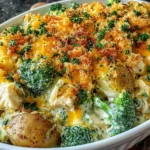 Baked Potato Chicken and Broccoli Casserole with creamy cheese sauce, tender chicken, roasted potatoes, and golden breadcrumb topping