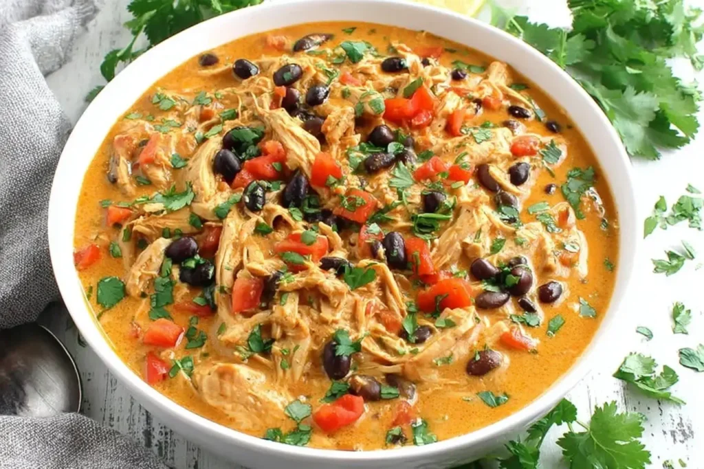Slow Cooker Creamy Southwest Chicken in a bowl with shredded chicken, black beans, tomatoes, and fresh cilantro.