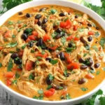 Slow Cooker Creamy Southwest Chicken in a bowl with shredded chicken, black beans, tomatoes, and fresh cilantro.