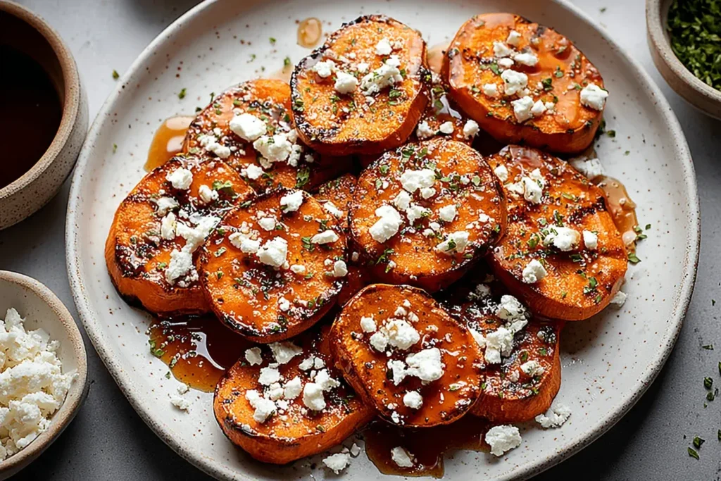Honey Feta Sweet Potato Rounds roasted until golden, drizzled with honey and topped with crumbled feta and fresh herbs on a white plate.
