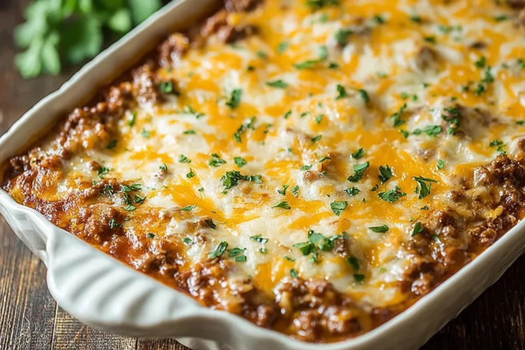 Baked Beef Lombardi Casserole in a white dish with bubbly melted cheese and a savory beef-and-tomato layer, topped with chopped parsley.