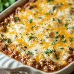 Baked Beef Lombardi Casserole in a white dish with bubbly melted cheese and a savory beef-and-tomato layer, topped with chopped parsley.
