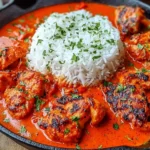 Vibrant Nigerian Chicken Stew served with fluffy white rice in a cast-iron skillet, featuring rich red tomato sauce and tender chicken pieces.