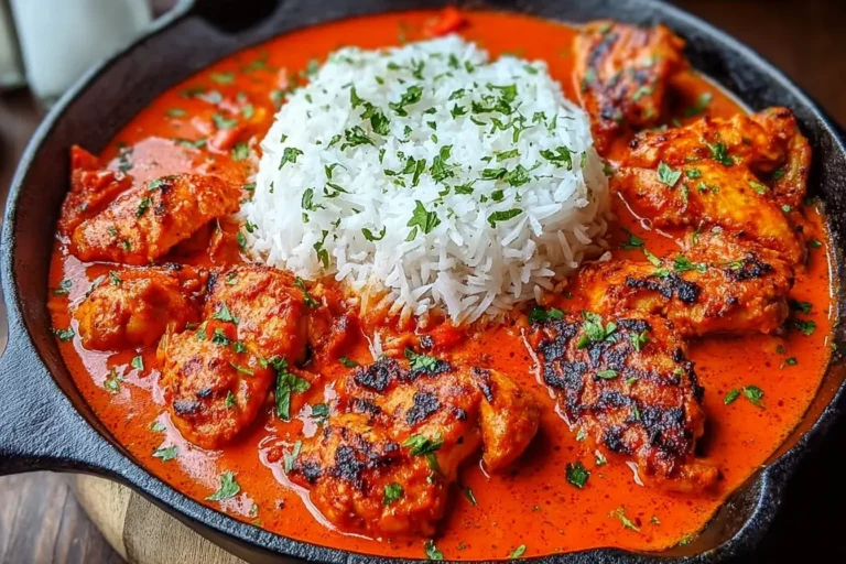 Vibrant Nigerian Chicken Stew served with fluffy white rice in a cast-iron skillet, featuring rich red tomato sauce and tender chicken pieces.