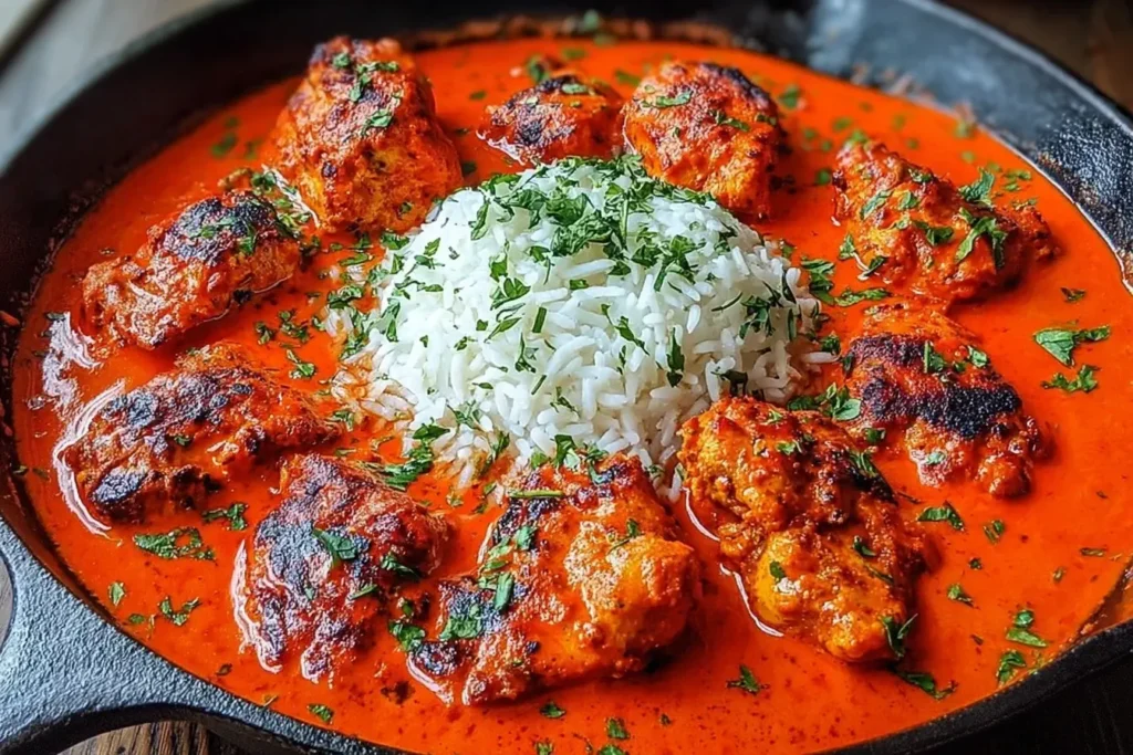 Nigerian Chicken Stew with charred chicken pieces in a rich red tomato sauce, served with fluffy white rice and fresh herbs.