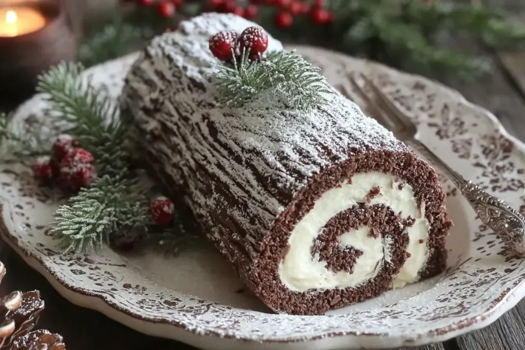 Classic Yule Log Recipe garnished with sugared cranberries and evergreen sprigs, dusted with powdered sugar for a festive holiday look.
