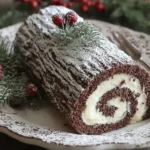 Classic Yule Log Recipe garnished with sugared cranberries and evergreen sprigs, dusted with powdered sugar for a festive holiday look.