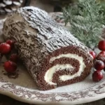Classic Yule Log Recipe on a holiday plate with chocolate sponge cake, cream filling, powdered sugar topping, and cranberries.