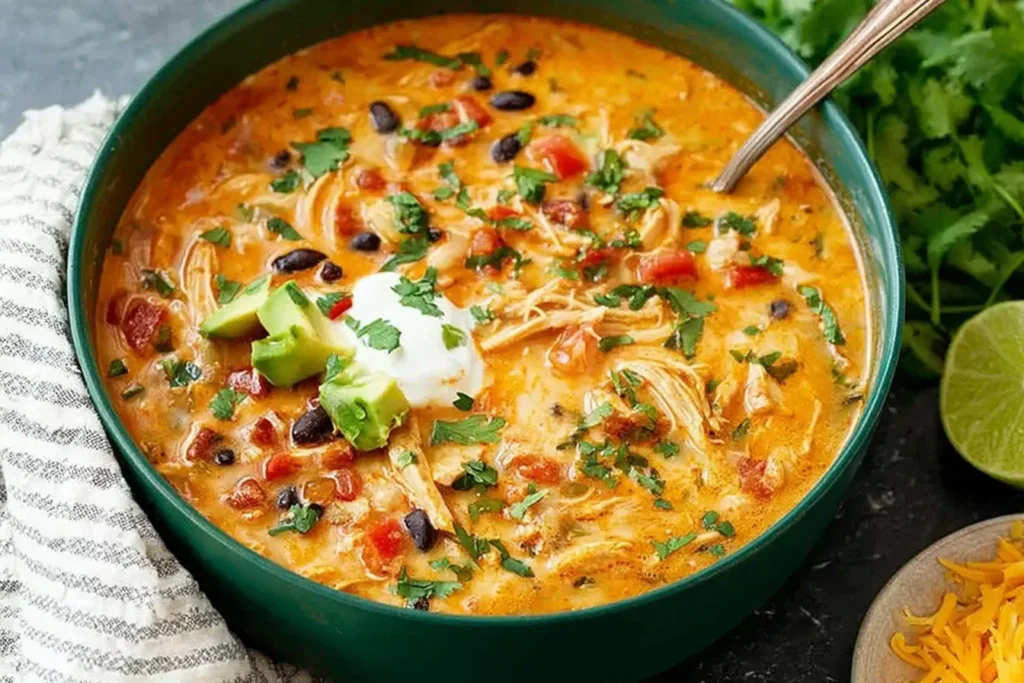 Bowl of creamy Chicken Enchilada Soup topped with avocado, sour cream, cilantro, and black beans